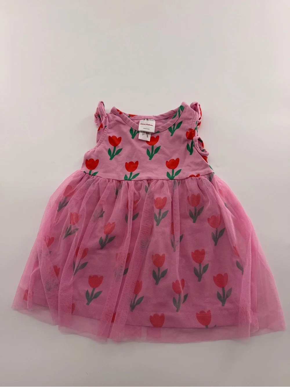 Hanna Andersson Baby Flutter Sleeve Tulle Dress Pink Tulips Flowers Girl HA 8037